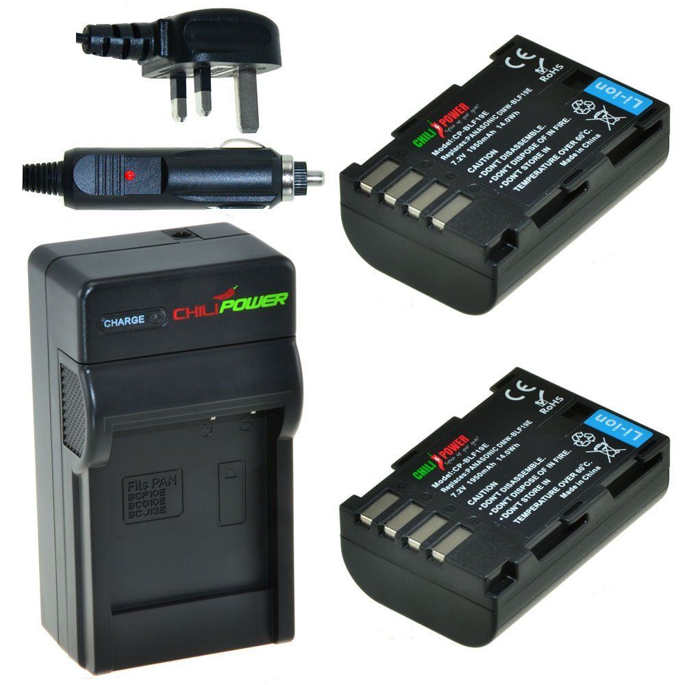 ChiliPower 2 x DMW-BLF19 accu's voor Panasonic - Charger Kit + car-charger - UK version