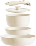 Bol Set de casseroles en céramique Poignée amovible Antiadhésif Casseroles RV Set de casseroles - Blanc