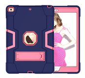 iPad Apple iPad 10.2 (2019/2020/2021) generatie hoes met kickstand, duurzame zware schokbestendige harde hybride drielaagse bescherming iPad tablet siliconen hoes (Marineblauw + Rozened