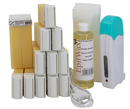 EpilWax Kit d'Épilation Solo Complet: chauffe cire professionnelle, 12 Roll-On cire epilatie professioneel 100 ml Blanche, 100 bandes, 1flacon 250 ml huile après epilatie (Solo Série Blanche 12)