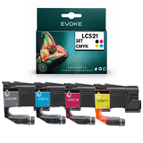Evoke Compatible Ink for Brother LC-521 LC521 4x CMYK: Black, Cyan, Magenta, Yellow 38ml DCP-J1260W J1310DW J1313DW J1360DW J1460DW
