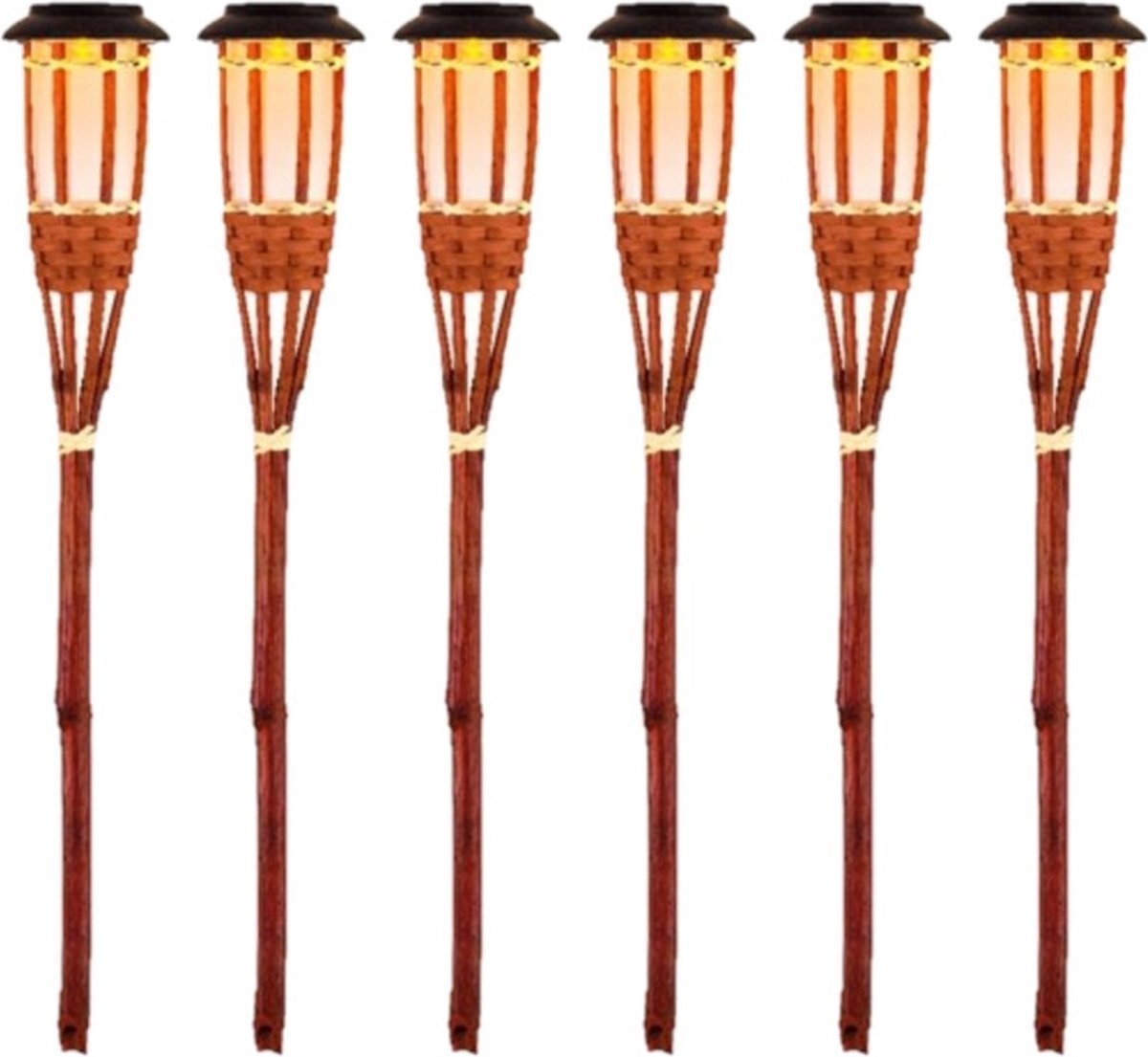 Lumineo 6x Oranje buiten/tuin Led fakkel Bodi solar verlichting bamboe 54 cm vlam - Tuinfakkel - Tuinlampen - Lampen op zonne-energie