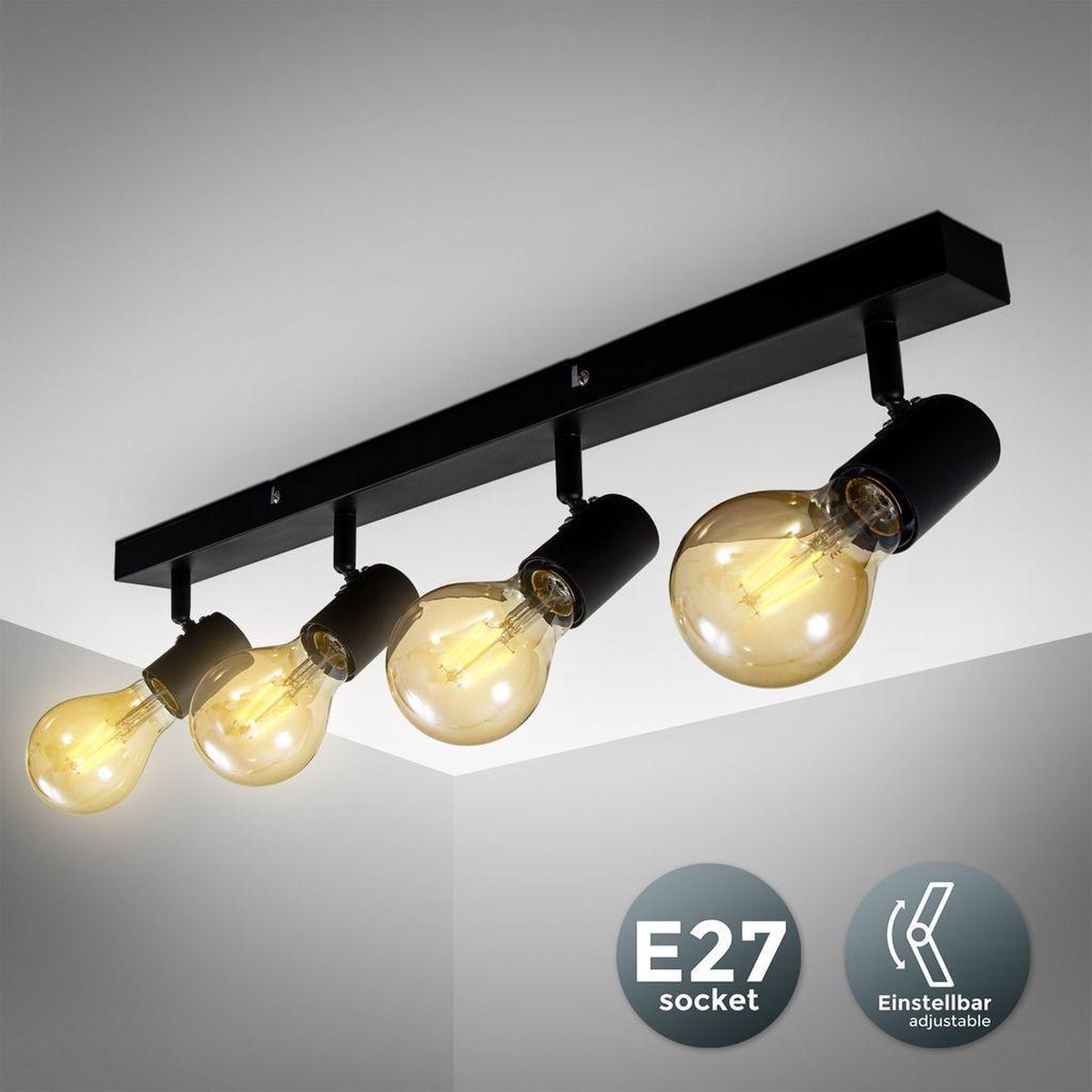 B.K.Licht - Plafondlamp - plafondspot met 4 lichtpunten - zwarte spotjes - industrieel - draaibar - kantelbaar - opbouwspots - plafoniere - excl. E27