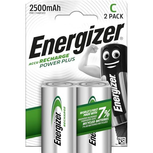 Energizer Recharge Power Plus - Herlaadbare C Batterijen (2 Stuks) - 2500 mAh NiMH Batterij - Voor zaklampen en speelgoed - 100% Recyclebare Plasticvrije Verpakking