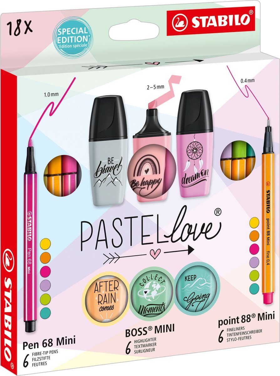 Stabilo point 88 Mini, Pen 68 Mini en BOSS Mini Pastellove - PASTELLOVE ATTACK - Mix Set Met 18 Stuks