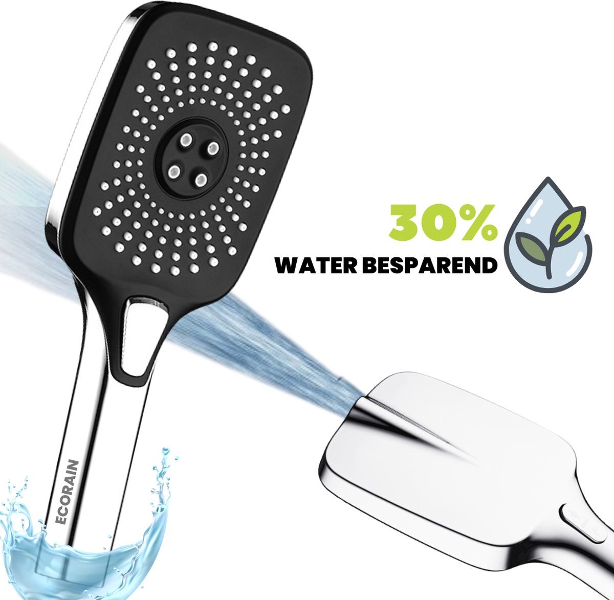 EcoRain EcoRain™ Waterbesparende Douchekop - 30% Waterbesparend - Regendouche - 3 Sproeistanden - Hoge Druk - + Ingebouwd Waterfilter (voor Chloor en Onzuiverheden) - Betere Huid - Handdouche - Luxe Moderne Douchekop - Chrome