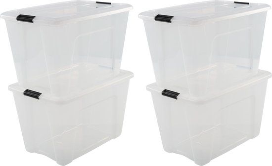 IRIS Topbox Opbergbox - 60L - Kunststof - Transparant/Zwart - Set van 4