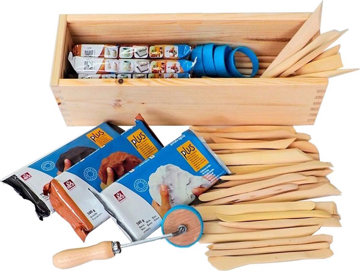 Plus Klei pakket - boetseerklei set Lucht drogend - 3 kleisoorten - 30 spatels - 1 deco roller