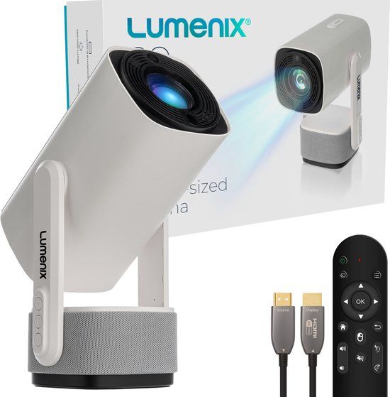 Lumenix GO Mini Beamer met Accu - Smart TV Projector - Android 11.0 - WiFi 6 & Bluetooth 5.2 - Wit