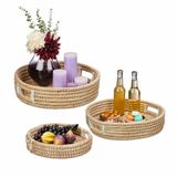 Relaxdays dienblad set van 3, zeegras, 43 cm, handgrepen, decoratief, gevlochten serveerblad, hoge rand, rond, natuur