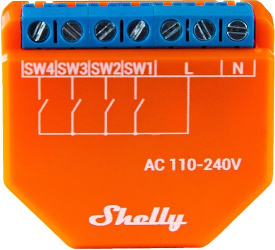Shelly Plus i4 WiFi/Bluetooth-apparaat, 4 ingangen, HTTP- en MQTT-apparaatbediening, compatibel met Google Assistant en Alexa, oranje