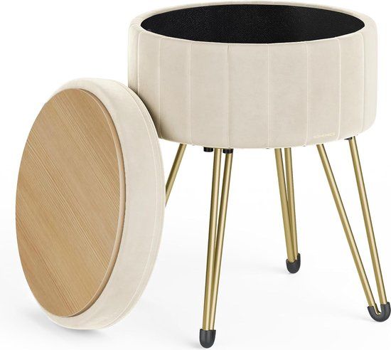 SONGMICS Kruk, kruk met opbergruimte, fluwelen make-upkruk, ronde kruk, 39 cm, hoogte 44,4 cm, 4 metalen poten, voor kleedkamer, woonkamer, slaapkamer, crèmewit