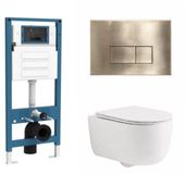 QeramiQ Dely Swirl Toiletset - inbouwreservoir Qeramiq Flush - slim zitting - metaal messing geborstelde bedieningsplaat - rechthoekige knoppen - mat wit