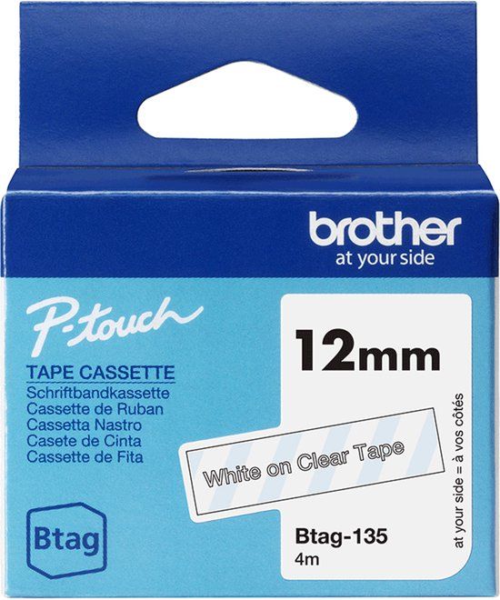 Brother BTAG-135 Wit op transparant labeltape - 12 mm breed