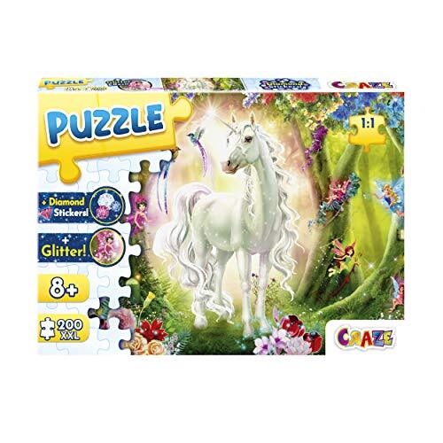 Craze Magic Forest 200+ delen met glitterprint en diamanten eenhoorn-puzzel voor kinderen vanaf 8 jaar, 30257, glittereffecten + stickers