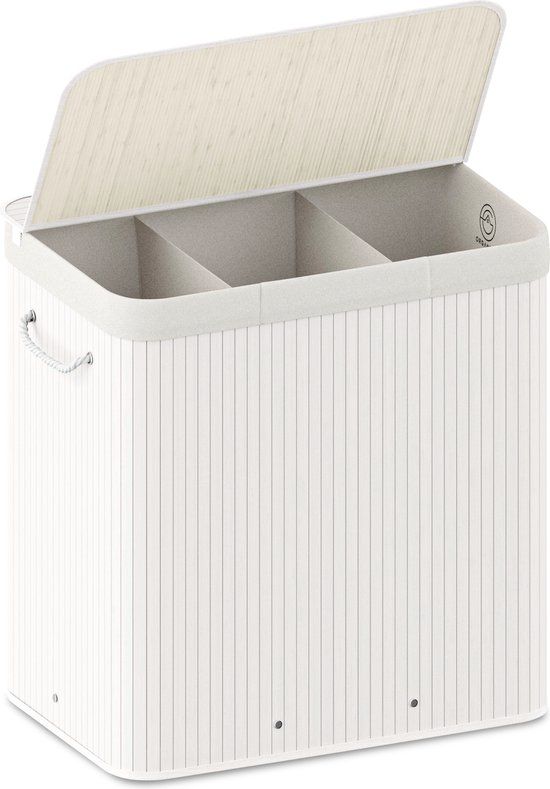 Organess Wasmand 3 Vakken - Wassorteerder - Wasmand met deksel - 150L - Witte bamboe