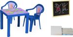 Table, deux chaises + assiette bleue