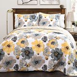 Lush Decor Quilt Bloemen 3 Stuk Reversibel, Microfiber, Geel & Grijs, Vol/Koningin