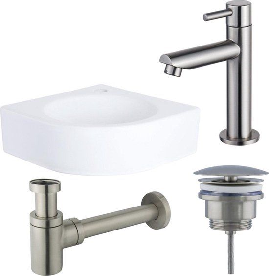 FortiFura Fonteinset - 30x30cm - Hoek - Wit Glans - Keramiek - Incl. Kraan RVS Geborsteld