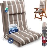 Beautissu Sun-HL – Set van 2 Premium Hoge Rugleuning Stoelkussen 120x50 cm – UV-bestendig – 8cm Dik – met Hoofdkussen & Bevestigingsbanden – Antislip – Beige Wit Gestreept