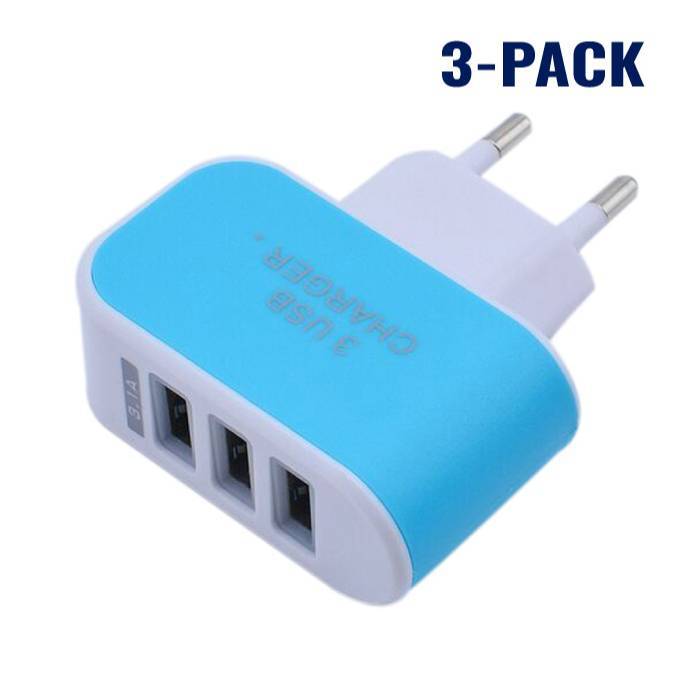 Stuff Certified 3-Pack Triple 3x USB Port iPhone/Android Muur Oplader Wallcharger Blauw