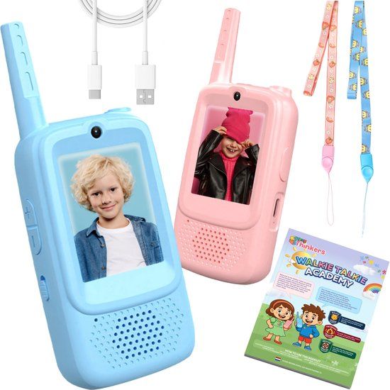 Tiny Thinkers Walkie Talkie met Beeld - Incl. Leerzaam Opdrachtenboek - Oplaadbaar - HD Video Walkie Talkies voor Kinderen - Set van 2 - Roze & Blauw