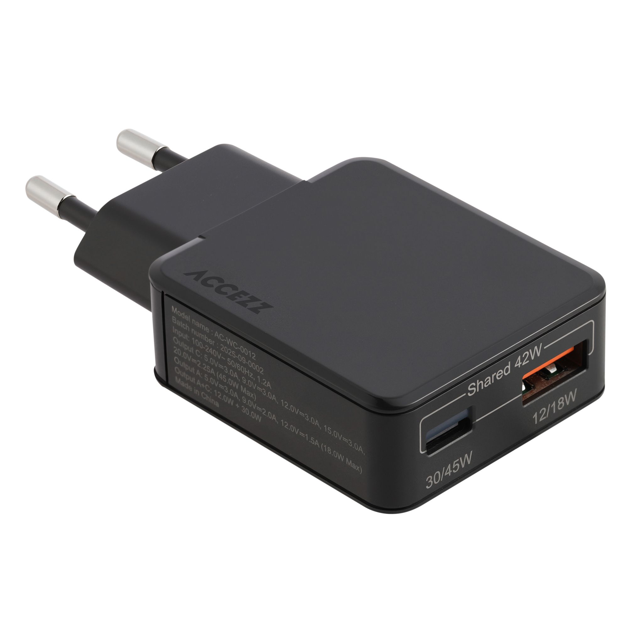 Accezz Ultra Slim GaN Oplader - USB-C + USB-A - 45W - Zwart