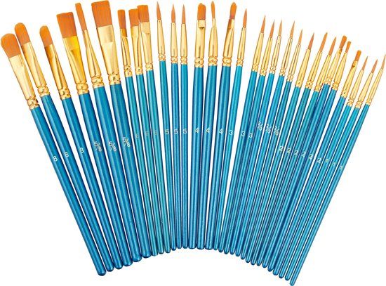 Relaxdays Penselen - 30-delige set - Rond en plat - Voor acryl-, olie- en aquarelverf - Synthetische haren