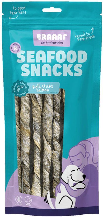 Braaaf Salmon roll sticks hondensnack - 20 cm - 8 stuks - met zalm uit Alaska - vissnacks voor honden - reinigende werking op tanden - geschikt voor alle soorten honden