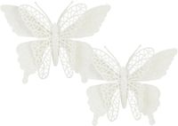 House of Seasons Kerstboomversiering Vlinder - 2x stuks - 16 cm - wit glitter - op clip