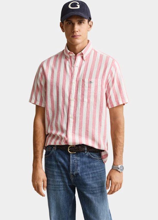 Gant Heren Overhemd Korte Mouw Roze Gestreept Linnen Katoen Regular Fit L