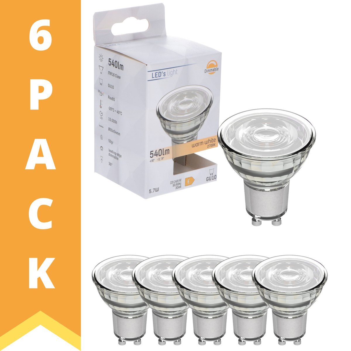 Proventa ProDim LED Spotjes met GU10 fitting - Dimbaar warm wit licht - 5W vervangt 75W - 6PACK