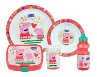 Peppa Pig kinderserviesset met 1 diep bord Ø 16 cm, 1 bord Ø 22 cm, 1 glas 220 ml, 1 fles 350 ml en 1 druppeldoos, herbruikbaar servies, roze