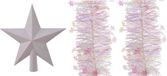 Decoris Kaemingk B.V. Set van een kerst ster piek en 2x stuks kerstslingers parelmoer wit 270 x 10 cm