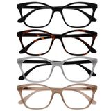 OPULIZE KAT Leesbril - 4-Pack - Kattenoog Montuur - Zwart, Bruin, Grijs, Taupe - Heren & Dames - Veerscharnieren - RRRR59-127U - +3.00
