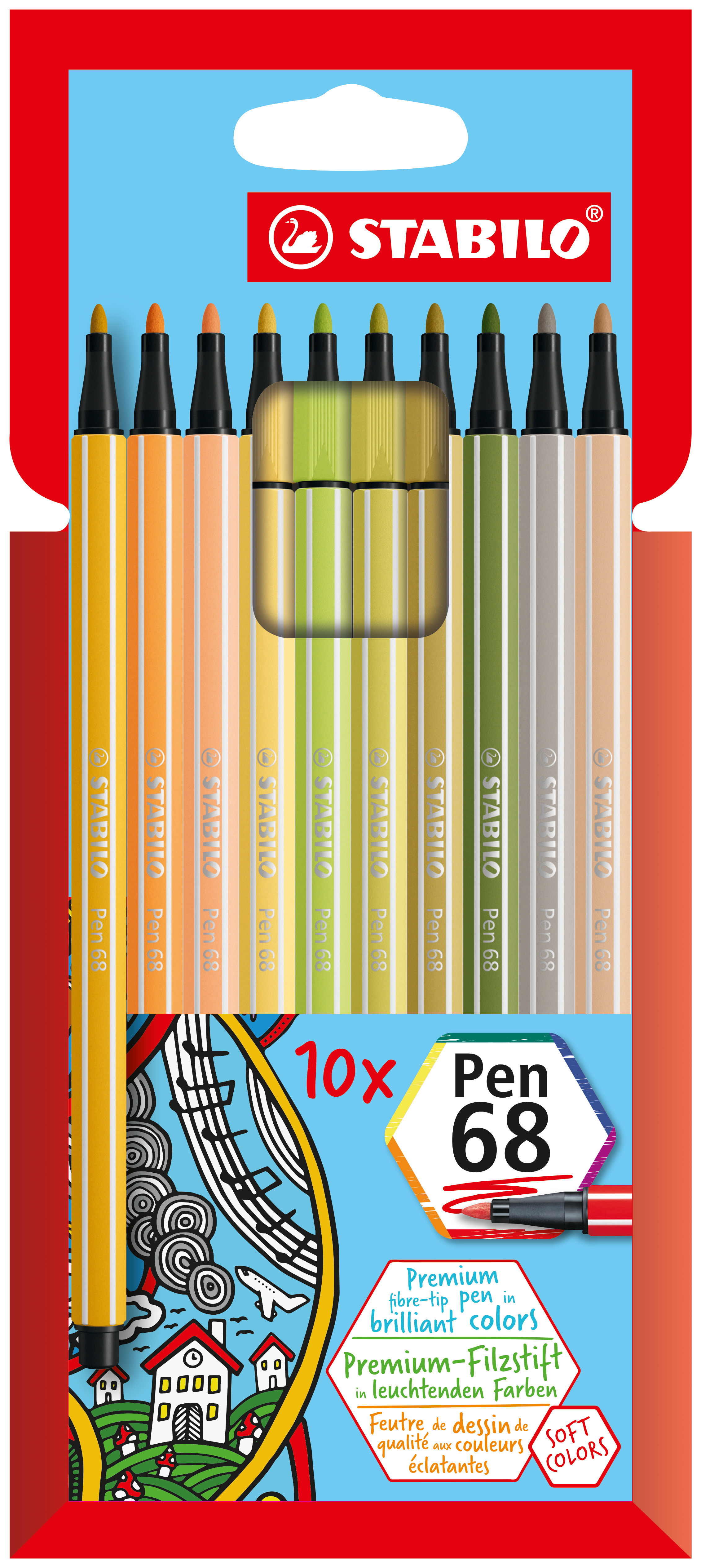 STABILO Pen 68, premium viltstift, etui 10 nieuwe kleuren