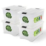 Iris Ohyama Opbergboxen Met Deksel, 45L, Set Van 4, Transparant, Veilige Sluiting, Stapelbaar, Handgrepen, Slaapkamer, Kast, Kantoor, Organisatie, BPA-vrij Plastic, Opbergdozen, BSB-45