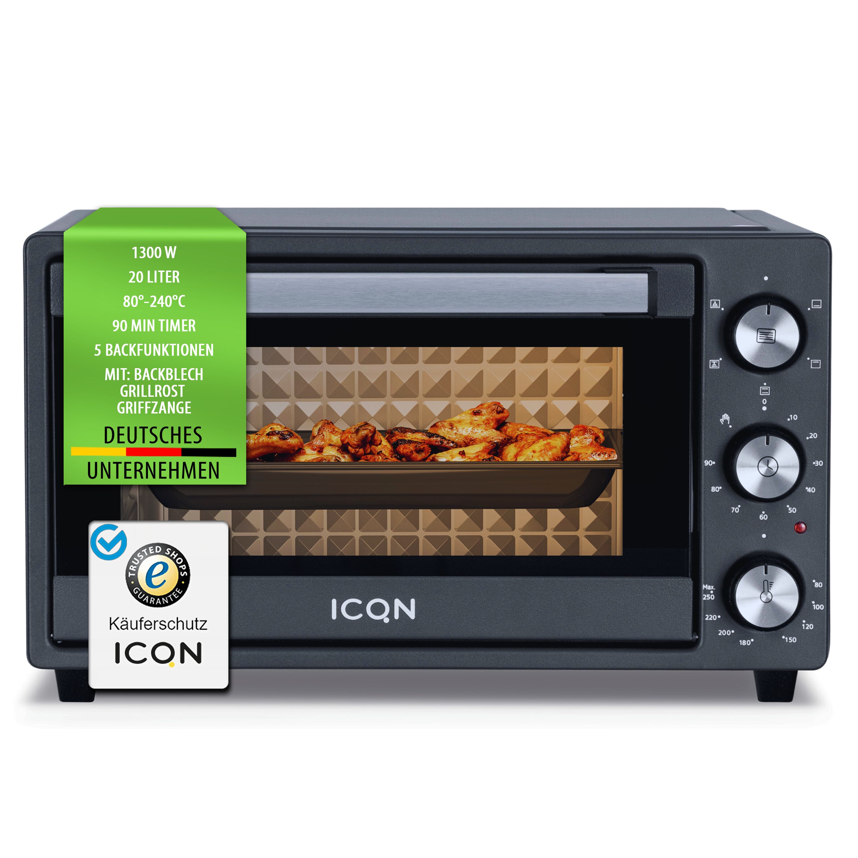 ICQN Mini Oven - 20L - 1500W - Convection - Timer - Black