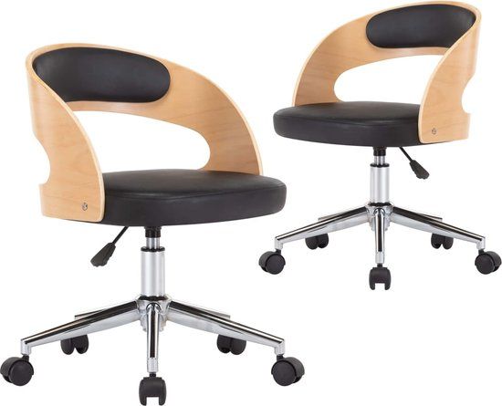 vidaXL Eetkamerstoelen - draaibaar - 2 - stuks - gebogen - hout - en - kunstleer - zwart