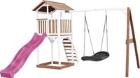 AXI Beach Tower Speeltoestel in Bruin/Wit - Speeltoren met Roxy Nestschommel, Paarse Glijbaan en Zandbak - FSC hout - Speelhuis op palen voor de tuin