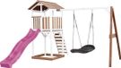 AXI Beach Tower Speeltoestel in Bruin/Wit - Speeltoren met Roxy Nestschommel, Paarse Glijbaan en Zandbak - FSC hout - Speelhuis op palen voor de tuin