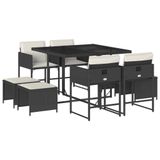 vidaXL 9-delige tuinset met kussens, zwart, van polyrotan