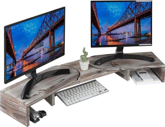 Fleau Home Verstelbare Monitor Verhoger - Laptopstandaard - Ergonomische Bureau organizer - Dubbele Monitorstandaard met Lade - Verhoging - Grijs hout