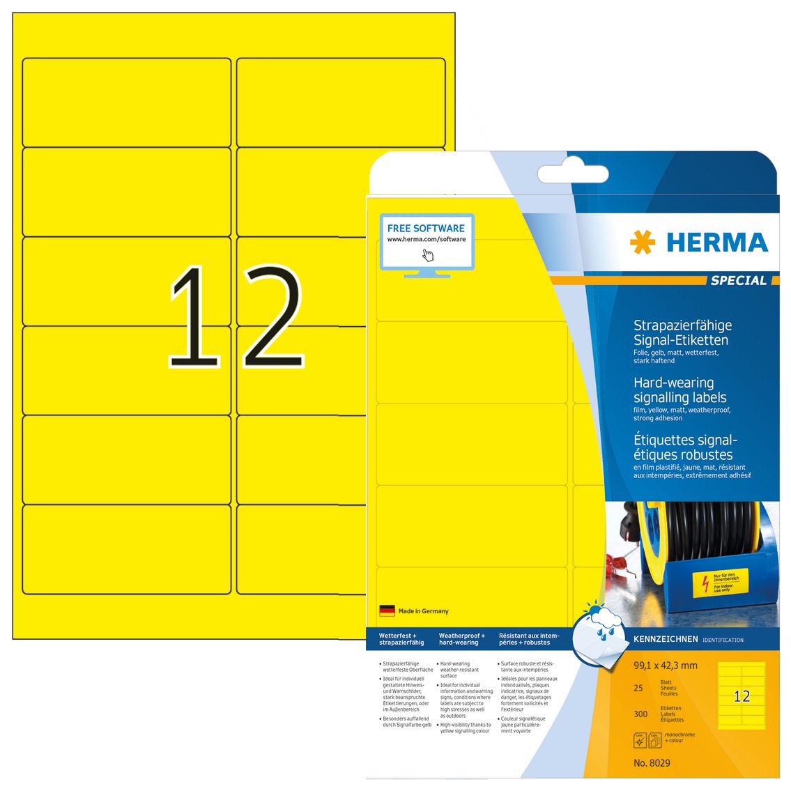 HERMA Labels A4 99,1x42,3 mm yellow strong adhesion film matt weatherpr. 300 pcs.