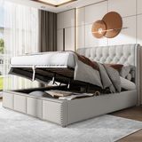SINGULARITY-Bed bekleed met katoen en linnen- met hydraulische hendel- opbergruimte voor bedlades- decoratie met klinknagels- 140 x 190 cm- zonder matras