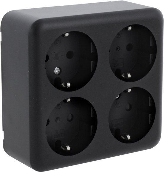 Differnz Q-Link Vierkant Stopcontact – Viervoudige Wandcontactdoos – Kinderbeveiliging – Opbouw – Randaarde – Zwart