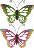Decoris Tuindecoratie vlinders 2x metaal - groen roze - 51x38 cm