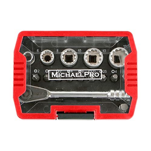 MichaelPro MP012005RD 1/4 inch micro-bitratel, mini-schroevendraaier met hoog draaimoment, 17-in-1 close quarterratel met bits, groeven en adapter