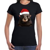 Bellatio Decorations Kerst T-shirt voor dames - (familie) Mol met kerstmuts - zwart - Kerstfeest XS