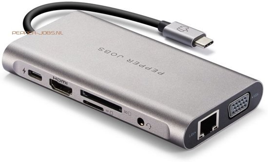 PEPPER-JOBS.nl / MINIX PEPPER JOBS TCH-11 USB-C 3.1 / Thunderbolt 3 hub HDMI 4K@30Hz, VGA 1080P USB 3.0 (5Gbps) Gigabit Ethernet, USB-C Power Delivery (PD) poort, SD & TF-kaartlezer, 3.5mm MIC/AUDIO USB-C female poort levert tot 100W (20V/5A)